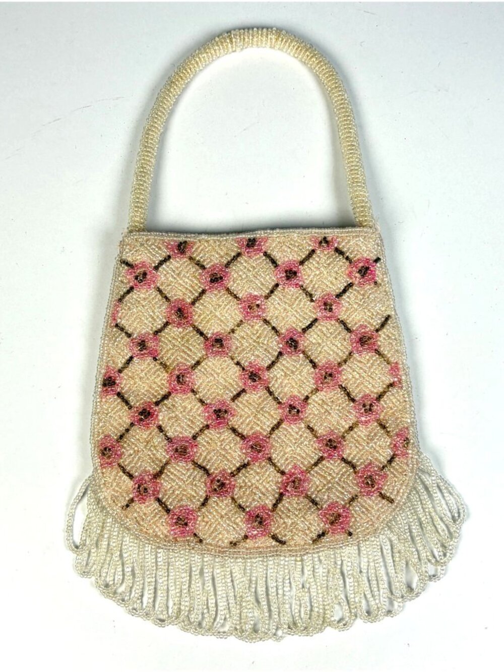 Vintage Bloomingdales Beaded Fringe Evening Bag Purse Satin Lining Pink Flowers